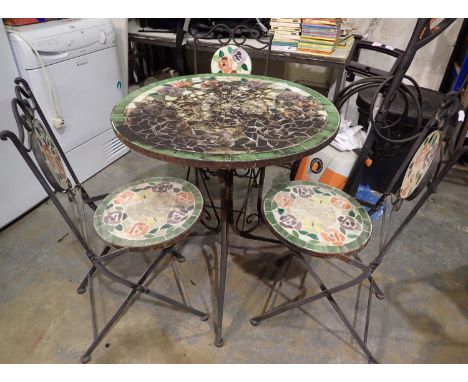 Tile topped garden table with three matching chairs, table D: 70 cm. Not available for in-house P&amp;P, contact Paul O'Hea a