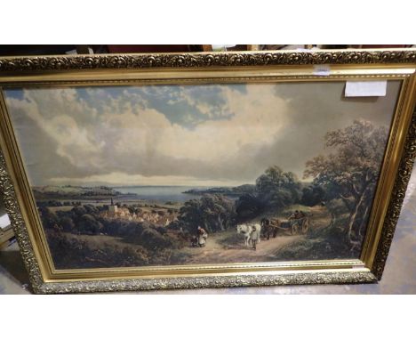 Gilt framed print of  a village scene, 115 x 75 cm. Not available for in-house P&amp;P, contact Paul O'Hea at Mailboxes on 01