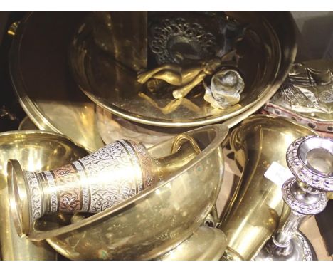 Quantity of brass and metalware to include candlestick holders, chargers, bellows etc. Not available for in-house P&amp;P, co