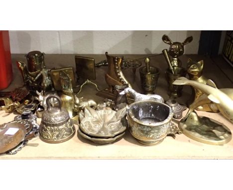 Shelf of ornamental brass to include animal figures, pestle and mortar, largest H: 14 cm. Not available for in-house P&amp;P,