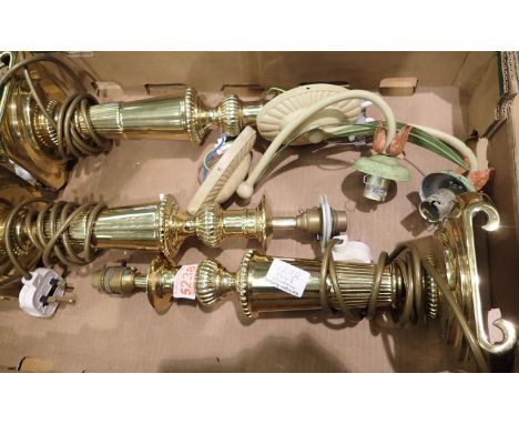 Three brass lamps and two metal wall lights. Not available for in-house P&P, contact Paul O'Hea at Mailboxes on 01925 659133C