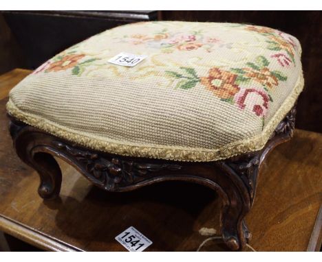 Victorian walnut footstool with carved frame and tapestry top, 33 x 33 x 17 cm H. Not available for in-house P&amp;P, contact
