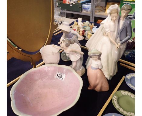 Five Lladro and Nao figurines and oriental dish. Not available for in-house P&amp;P, contact Paul O'Hea at Mailboxes on 01925