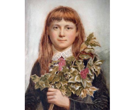 Albert William Ayling (1829-1905), Young Women Holding a Holly Branch, waist length portrait, watercolour signed A. Ayling, 5