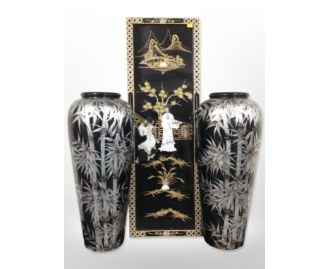 A Japanese lacquered and gilt rectangular panel depicting geisha, height 92cm, together with a pair of vases.