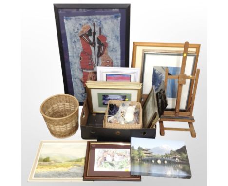 A group of contemporary pictures and prints, wicker items, small adjustable easel, sewing box etc 