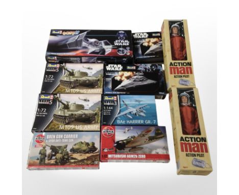 Eight Revell/Airfix scale modelling sets including Star Wars together with two Action Man figures, all boxed.