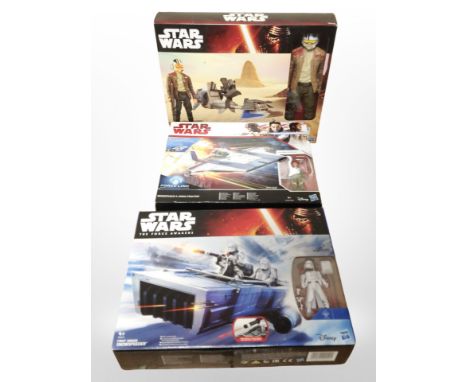 Three Hasbro Disney Star Wars toys, Resistance A-Wing Fighter, First Order Snowspeeder, Speeder Bike Moto Speeder, boxed.