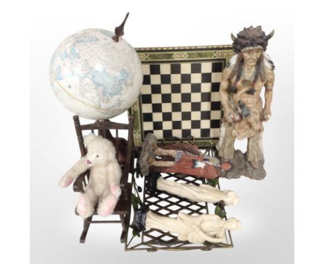 A decorative inlaid chessboard, together with a globe, contemporary figurines, teddy bear, metal tray, etc. (1 box)