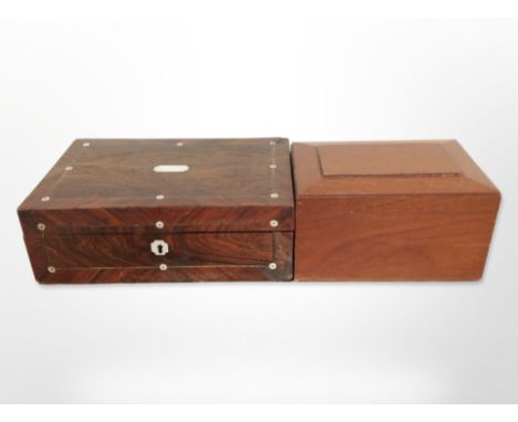 A Victorian rosewood and mother of pearl-inlaid jewellery box, width 35cm, together with a further contemporary box.