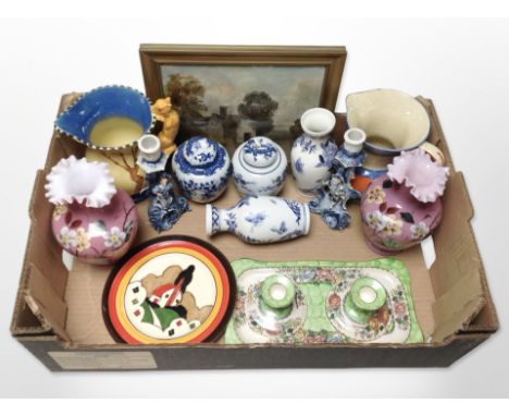 A group of ceramics including Maling lustre dressing table tray and pair of squat candlesticks, Clarice Cliff-style plate, or