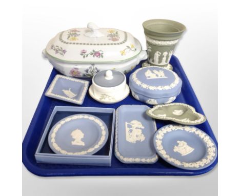 A group of Wedgwood green and blue Jasperware, Royal Worcester circular porcelain pin dish, Wedgwood circular trinket box, an