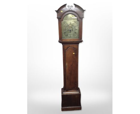 An early-19th century oak longcase clock, brass dial signed 'Jo. Kirkwood, Redpath', with pendulum and weight, height 210cm.