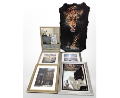 A lacquered panel depicting a tiger measuring 106cm x 60cm, together with several contemporary pictures, two picture mirrors,