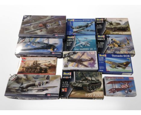 12 Revell, Airfix, and Academy scale modelling sets to include military aircraft and tanks, all boxed.