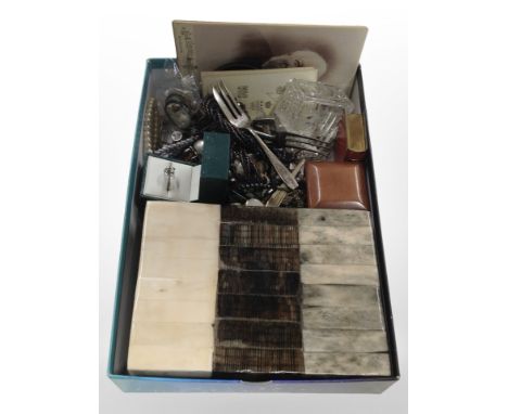 A group of costume jewellery, cutlery, monochrome portrait cards, small tin, trinket box etc 