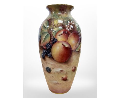 A Royal Worcester vase, hand painted with fruit, black mark to base, numbered 2160, signed T Nutt, height 25.5 cm. CONDITION 