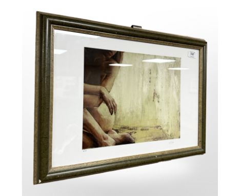 After Wendy Tate (Northern British Contemporary) Seated nude, limited edition colour lithograph, signed in pencil and numbere