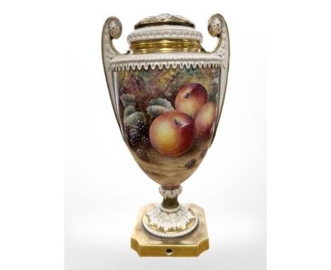 A Royal Worcester Neo-Classical pedestal table lamp hand painted with fruit, signed by James Skerrett, black painted mark to 