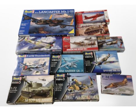 12 Revell, Airfix and Academy scale modelling sets to include military aircraft and tanks, all boxed.