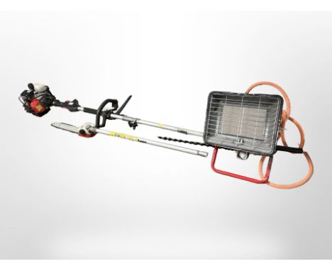 A petrol pole hedge trimmer, a further chainsaw attachment, and a sight light. CONDITION REPORT: Un-tested sold 'as seen'.