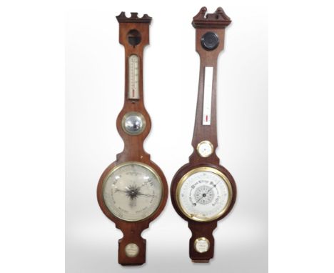 A mahogany banjo barometer with silvered dial, and a further rosewood barometer.