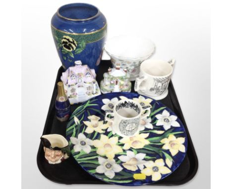 A group of ceramics including Maling cobalt blue ground vase decorated with butterflies, a further Maling floral charger, Coa