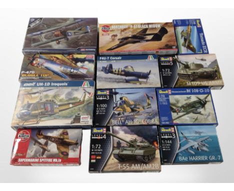 12 Revell, Airfix, Academy and Italeri scale modelling sets to include military aircraft and tanks, all boxed.