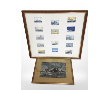 A gilt-framed print after Montague Dawson depicting a naval battle, 18cm x 25cm, together with a further montage of naval pri