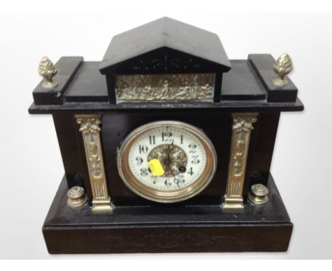 A Victorian slate and brass mantel clock with enamelled dial, height 27 cm (as found) 