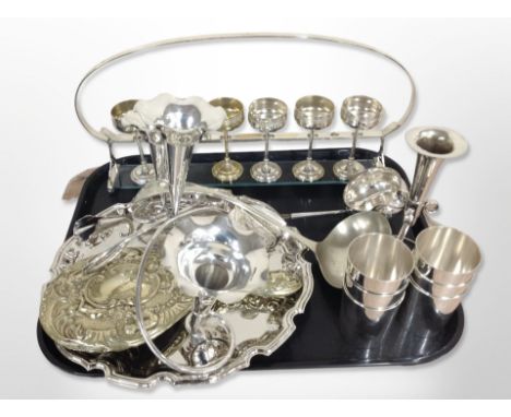 A set of silver-plated goblets on stand, together with an epergne, a salver, a toddy ladle with horn handle, and other plated