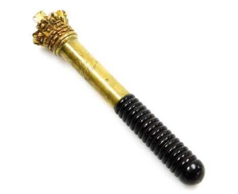 A Victorian brass and turned wooden tipstaff, with an imperial crown strew lid, the shaft engraved to 'Samuel Hague Superinte