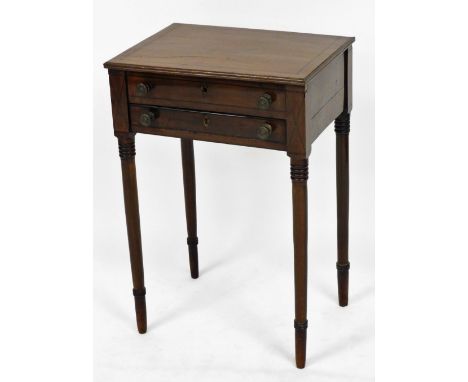 A George IV mahogany and ebony line inlaid side table, with hinged lid over a dummy drawer, and one further drawer, raised on