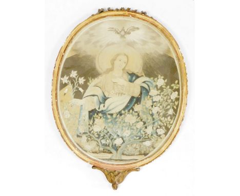 An early 19thC religious silk work embroidered panel, depicting the Virgin Mary among a flowering bush, 41cm x 34cm, in an or