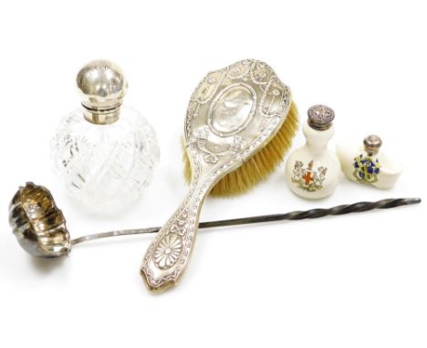 A group of silver, a silver topped cut glass scent bottle, of globular form, the lid monogrammed, Birmingham 1902, 12cm high,