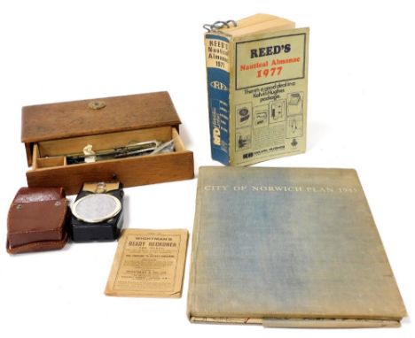 A set of vintage balance scales, with weights together with Reed's Nautical Almanac 1977, Whiteman's Ready Reckoner for Wages