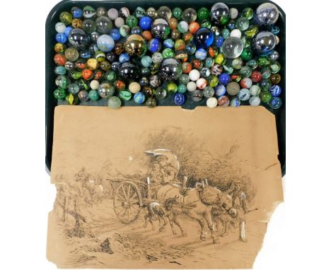 Vintage marbles, various sizes and types, together with an ink and body colour study by Frederick Taylor, figures in a cart w