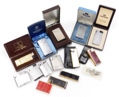 A group of cigarette lighters, to include Colibri lighter in gold coloured and black simulated crocodile skin leather case, R