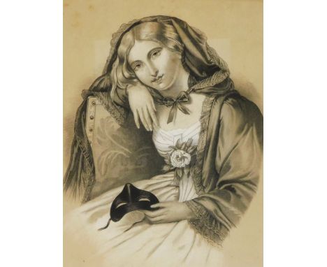 19thC School. Figure of a lady seated wearing hooded cape and holding mask, pencil sketch, unsigned, 40cm x 30cm.