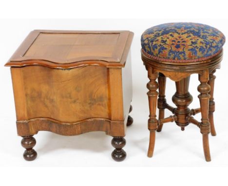 A Victorian mahogany serpentine commode, the hinged lid, bowl lacking, raised on turned legs, 43cm high, 46cm wide, 41cm deep