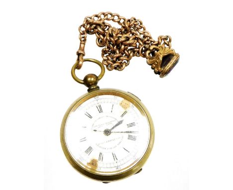 A Victorian gold plated chronograph pocket watch, by Dorey Lester and Company, open face, key wind, circular enamel dial bear