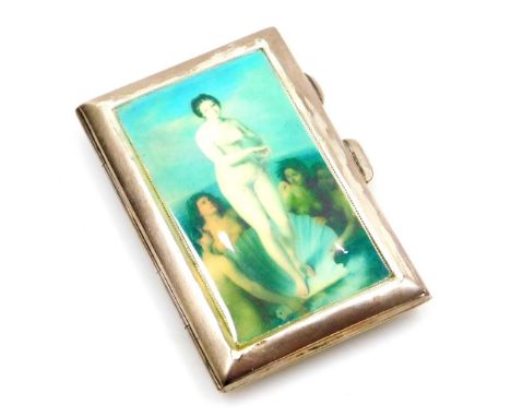 A George V silver cigarette case, the front inset with a later print of the goddess Venus standing nude in a giant scallop sh