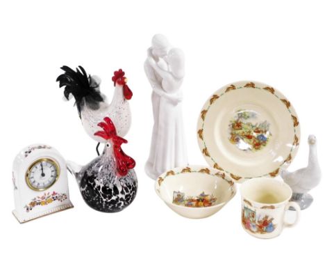 A Spode porcelain figure of Embrace, by Pauline Shone, an Aynsley Somerset pattern porcelain mantle clock, Royal Doulton Bunn