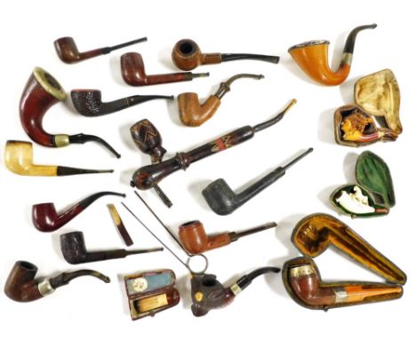 19thC and later Meerschaum brown wood and other pipes, including an ADP pipe with silver mount and collar, boxed, REOB buffal