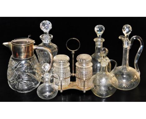 Victorian and later glassware, including cut glass decanters and stoppers, claret and oil jugs and stoppers, cut glass jug wi