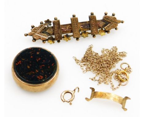 A Victorian 9ct gold bar brooch, 9ct gold cornelian and bloodstone swivel fob, gold plated belcher link neck chain and a plat