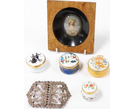Continental School (20thC). A miniature portrait of a lady, together with a Middle Eastern belt buckle, white metal cast with