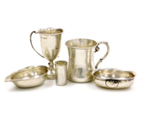 A group of small silver and white metal, to include a George V small cup, of hourglass form with scroll cast handle, engraved