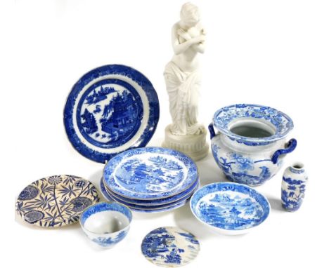 A group of 19thC blue and white pottery, including a Mason's ironstone twin handled pot, Aesthetic teapot stand, tea bowl and