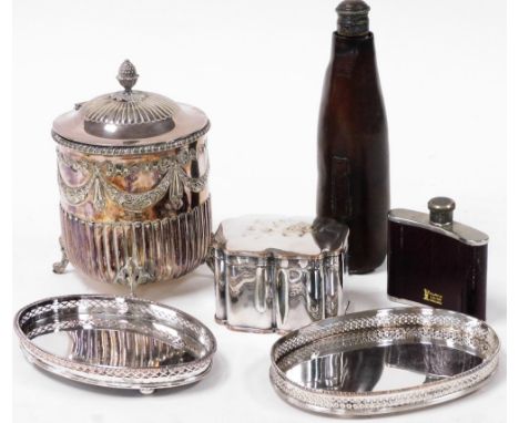 Plated wares, including a Victorian Adam style biscuit barrel embossed with semi fluting laurel swags and bows, Sheffield pla